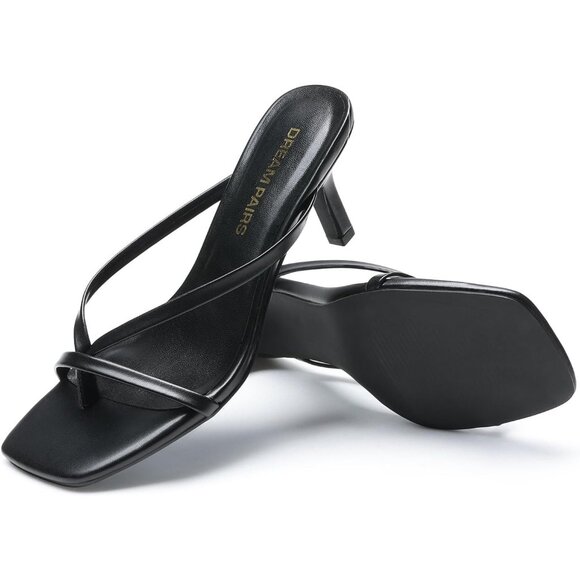 Dream Pairs Women Black Faux Leather Open Square Toe Thong Heeled Sandals - Picture 4 of 7